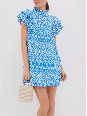 Blue Hyacinth House Tuckernuck Mini Dress with Ruffle Sleeves High Neckline